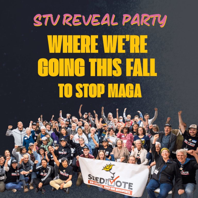 Group shot of Seed the Vote volunteers holding a banner with raised fists, under bold yellow and pink text that says, "Where we're going this fall to stop MAGA"